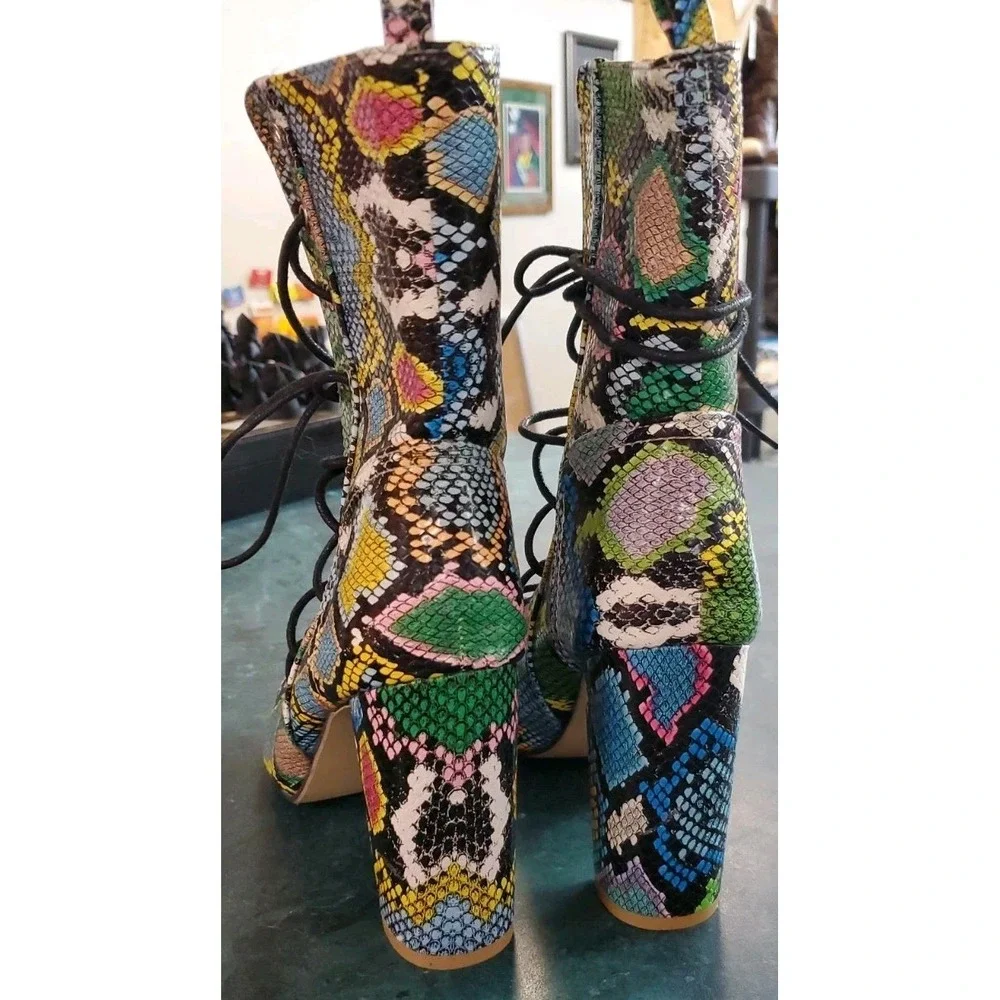 Snakeskin Print Lace-Up Chunky Heel Sandals Wmn 8.5 Multicolor Open Toe 40 L 8-9